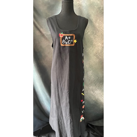 Vtg 90s Mandal Bay Womens XL Black Embroidered Teacher School Theme A Line Dress - Picture 1 of 7